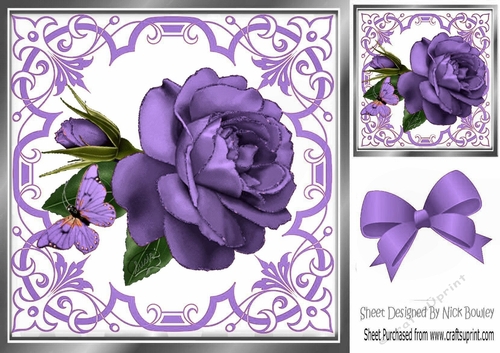 Pretty ornate purple scroll 8x8 card front/insert frame with stunning rose