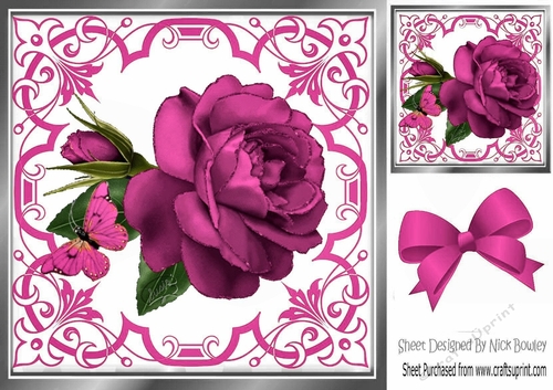 Pretty ornate cerise scroll 8x8 card front/insert frame with stunning rose