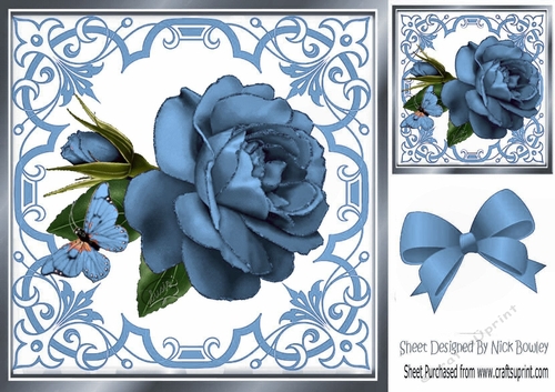 Pretty ornate blue scroll 8x8 card front/insert frame with stunning rose