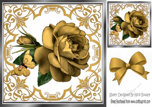 Pretty ornate gold scroll 8x8 card front/insert frame with stunning rose