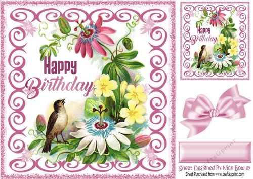 Pretty bird on a branch of flowers with pink bow in scroll 8x8 frame