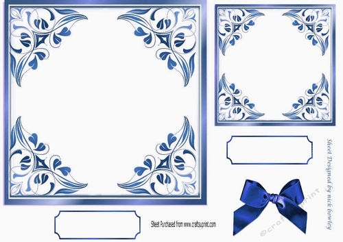 pretty ornate card front/insert with leaves in blue 7x7