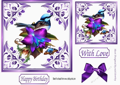 pretty ornate card front/insert with leaves in purple 7x7 with bird & flowers