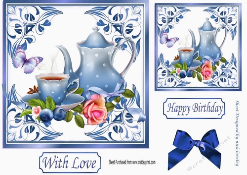 pretty ornate card front/insert with leaves in blue 7x7 tea time