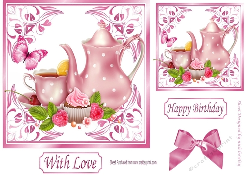 pretty ornate card front/insert with leaves in candy pink 7x7 tea time