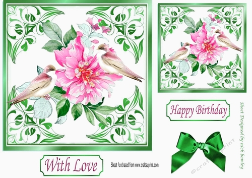 pretty ornate card front/insert with leaves in green 7x7 flowers with birds