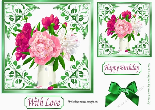 pretty ornate card front/insert with leaves in green 7x7 vase of flowers