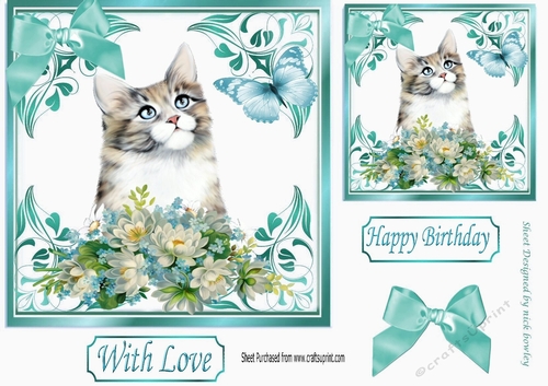 pretty ornate card front/insert with leaves in turq 7x7 kitten with flowers