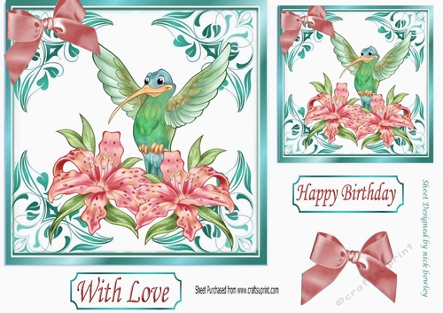  ornate card front/insert with leaves in turq 7x7 flowers with humming bird