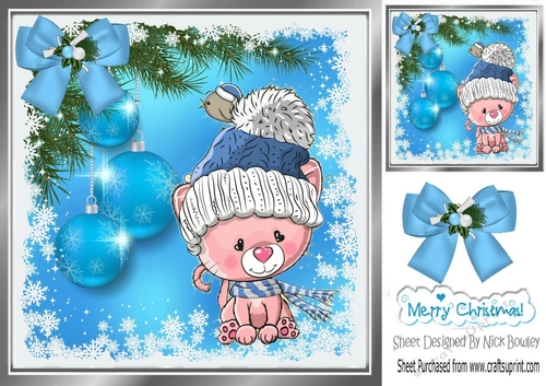 Cute kitten in winter hat with blue baubles 8x8