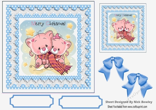 Cute kittens cuddling up for winter, with blue spot frame 7x7