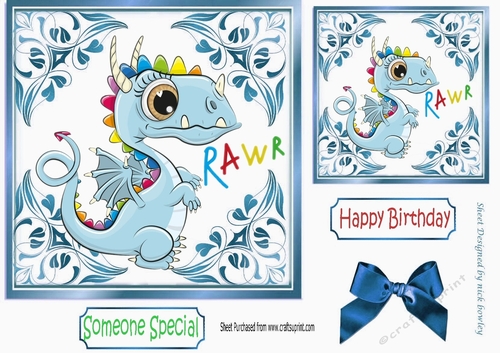 pretty ornate card front/insert with leaves in blue 7x7 with a rainbow dragon
