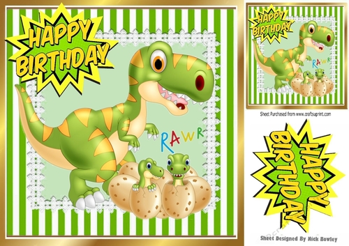RAWR Cute baby dinos hatching with mum in green striped 8x8 frame