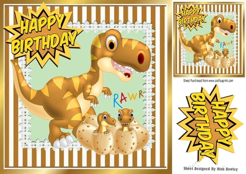 RAWR Cute baby dinos hatching with mum in gold striped 8x8 frame