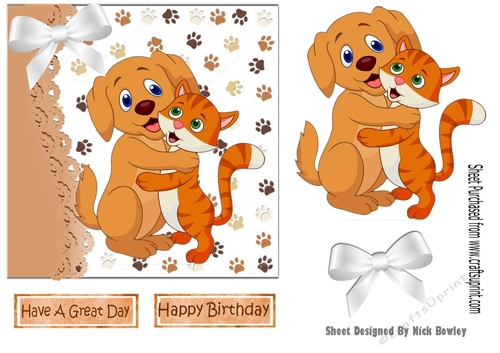  cute puppies & kitten dancing with white bow 7x7