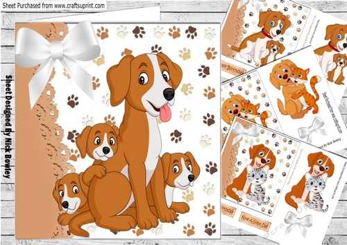 4  cute puppies & kittens card fronts with white bows 7x7 mini kit
