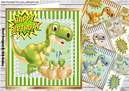  4 Cute baby dinos hatching with mum card fronts 8x8 mini kits