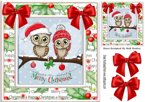 Cute pair of owls on a branch with snow and red bows 8x8