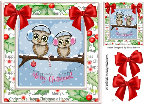 cute owls wearing ear muffs sitting on a branch 8x8