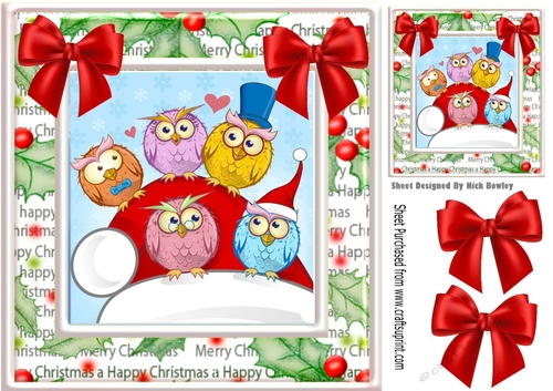 Cute owls sitting on santas hat with red bows 8x8