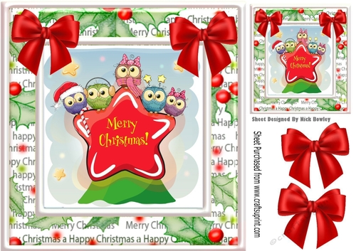 Cute owls sitting on a star with red bows card front 8x8