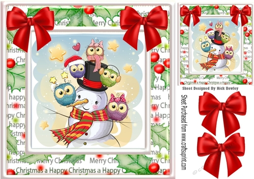 Cute owls sitting on a snowman with red bows card front 8x8