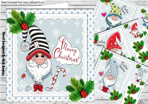  4 Cute chrismas gnomes with holly 8x8 card fronts mini kit