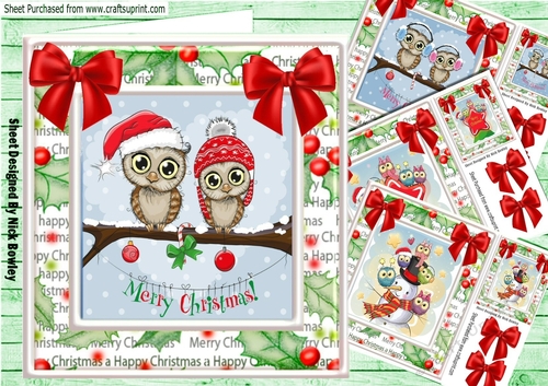  4 Cute card fronts of owls with friends and red bows 8x8 mini kit