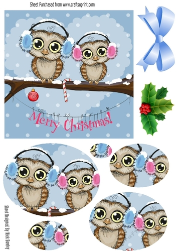Cute owls on a branch wearing ear muffs oval pyramids