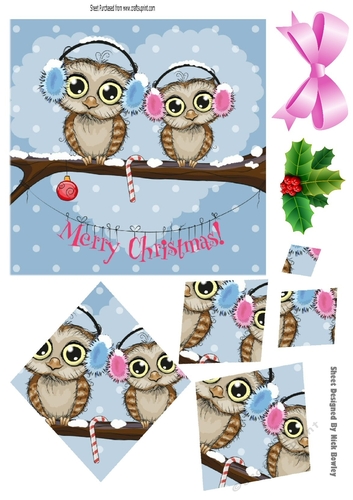 Cute owls on a branch wearing ear muffs twisted diamond pyramids