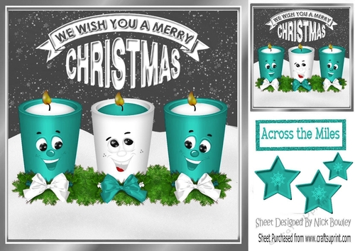 Funny face candles with bows and turq stars 8x8