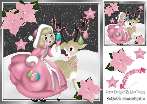 Girl in pink with deer and pink poinsettias 8x8
