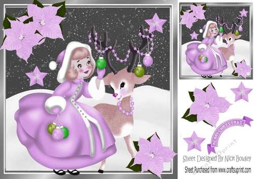 Girl in lilac with deer and lilac poinsettias 8x8