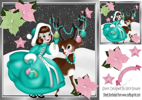 Girl in turq with deer and pretty  poinsettias 8x8