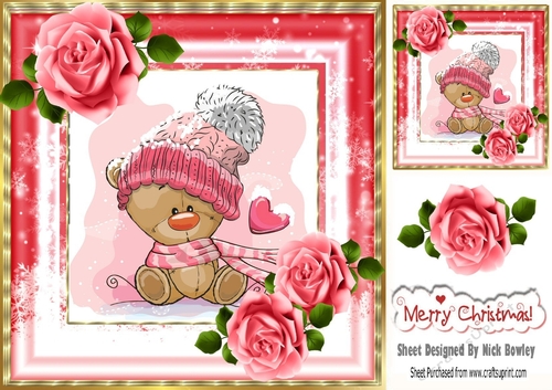 Cute teddy in snow frame  with pink roses 8x8