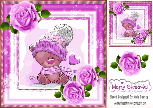 Cute teddy in snow frame  with lilac roses 8x8