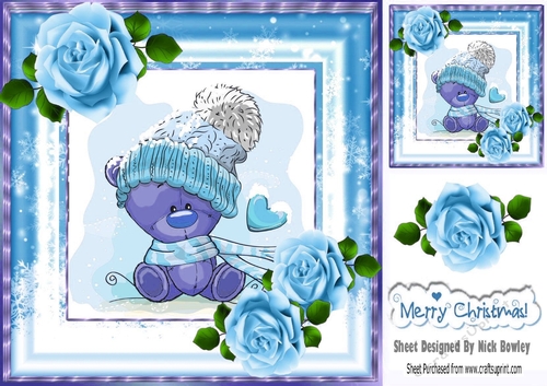 Cute teddy in snow frame  with blue roses 8x8