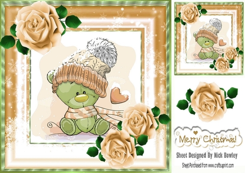 Cute teddy in snow frame  with gold roses 8x8