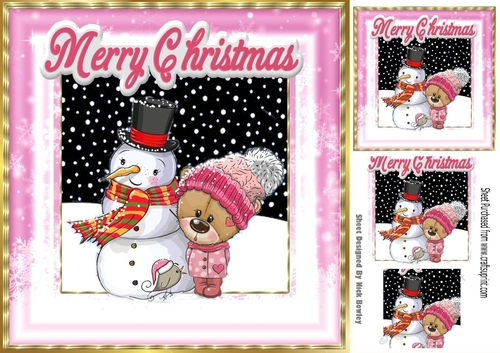 Cute teddy in pink knitted hat with snowman 8x8