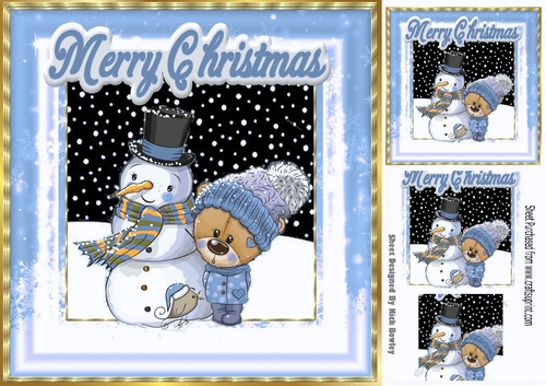 Cute teddy in blue knitted hat with snowman 8x8