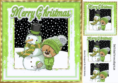 Cute teddy in green knitted hat with snowman 8x8