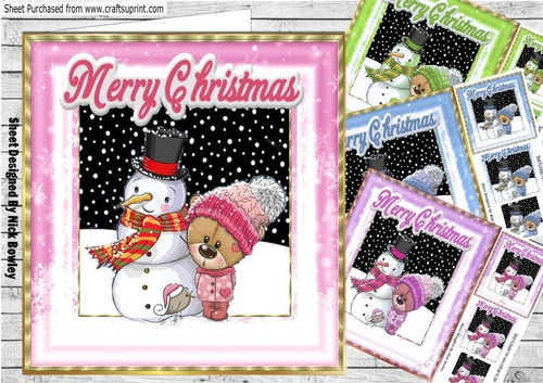  4 Cute teddy bears in knitted hats with snowman card fronts 8x8 mini kit