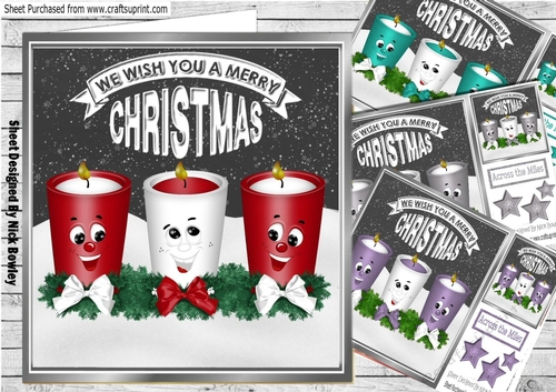  4 Funny face candles with bows and stars card fronts 8x8 mini kit (set one)