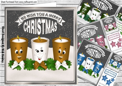 4 Funny face candles with bows and stars card fronts 8x8 mini kit (set two)