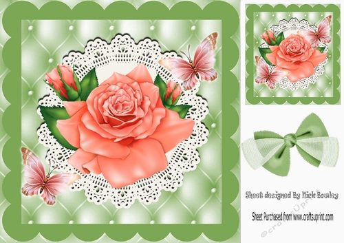 Pretty peach rose and butterflies on lace in ornate frame 8x8