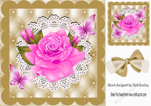 Pretty pink rose and butterflies on lace in ornate frame 8x8