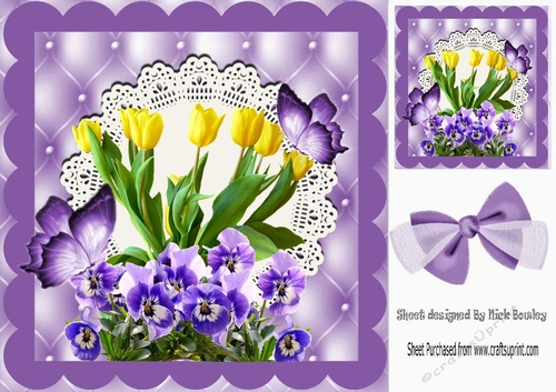 Pretty yellow tulips and purple pansies with butterflies on lace in ornate frame 8x8