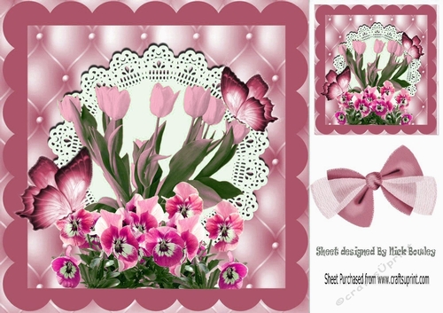 Pretty pink tulips and pink pansies with butterflies on lace in ornate frame 8x8