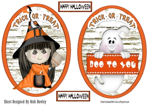 Two Halloween toppers of a witch and a ghost (orange)