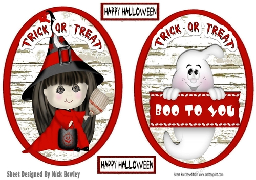 Two Halloween toppers of a witch and a ghost (red)